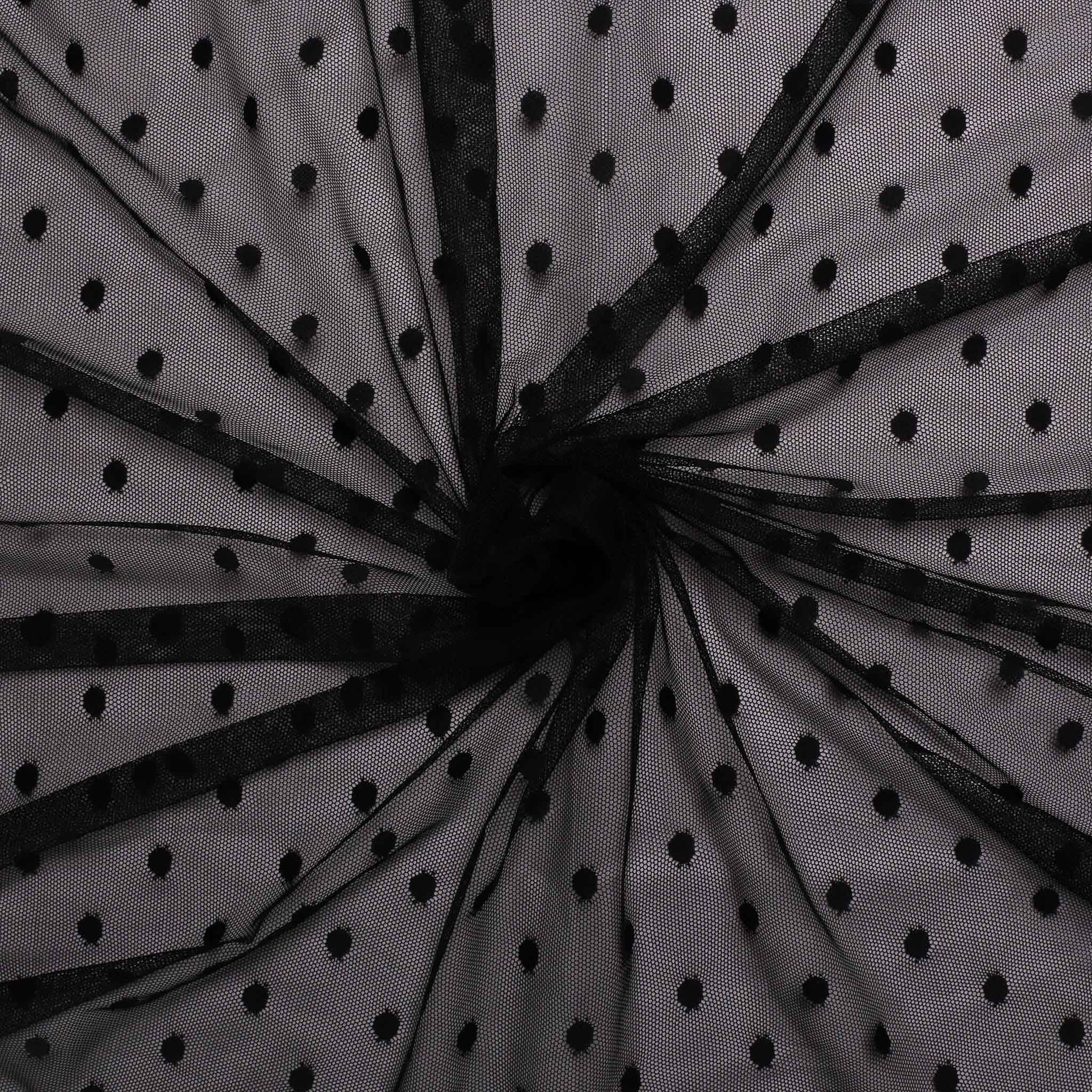 Stretchy Netting fabric, Black polka dot design